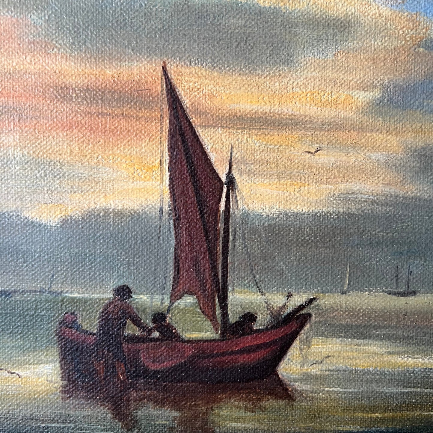 Vintage Dutch Oil Painting Boats at Sunset