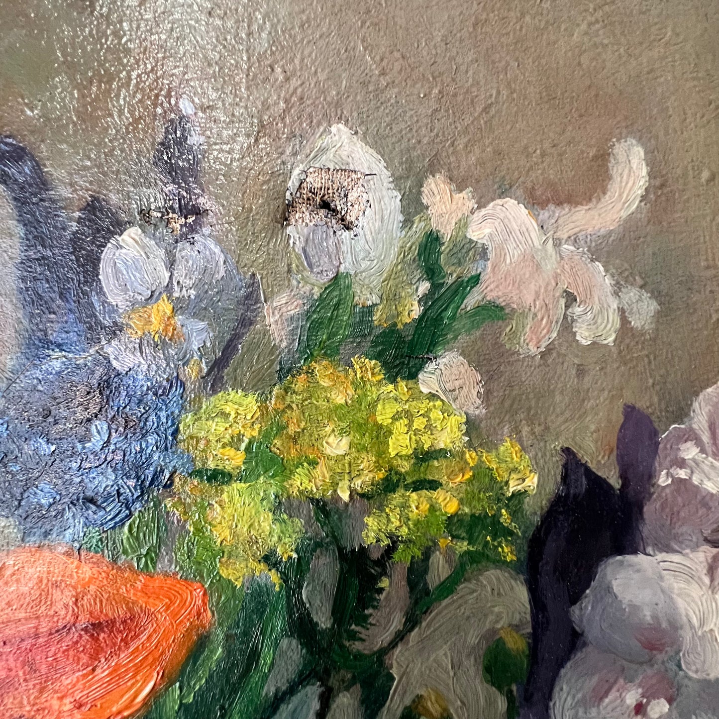 Vintage Oil Painting Still Life of Vibrant Blooms in Kettle