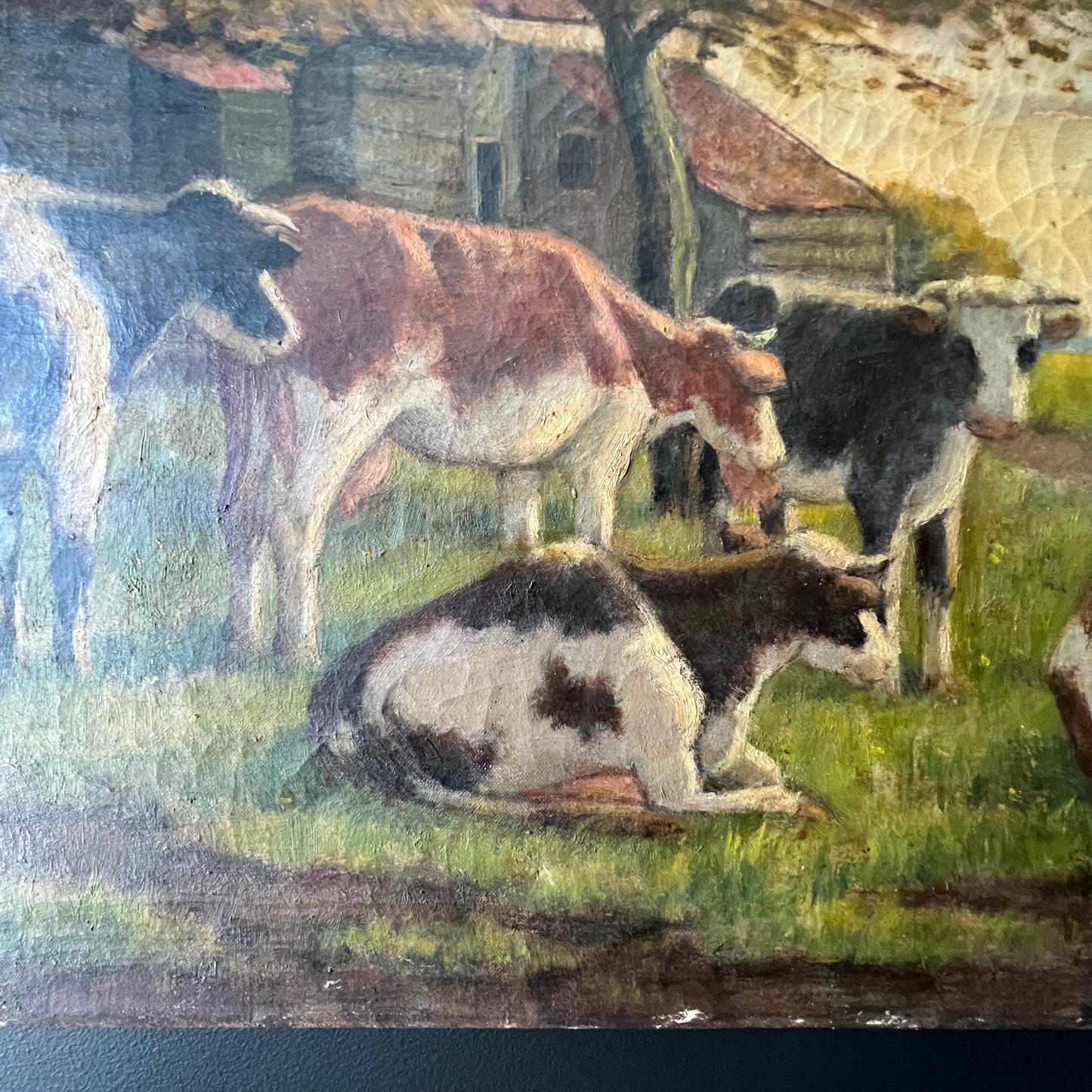 Antique Dutch Oil Painting Milking Time