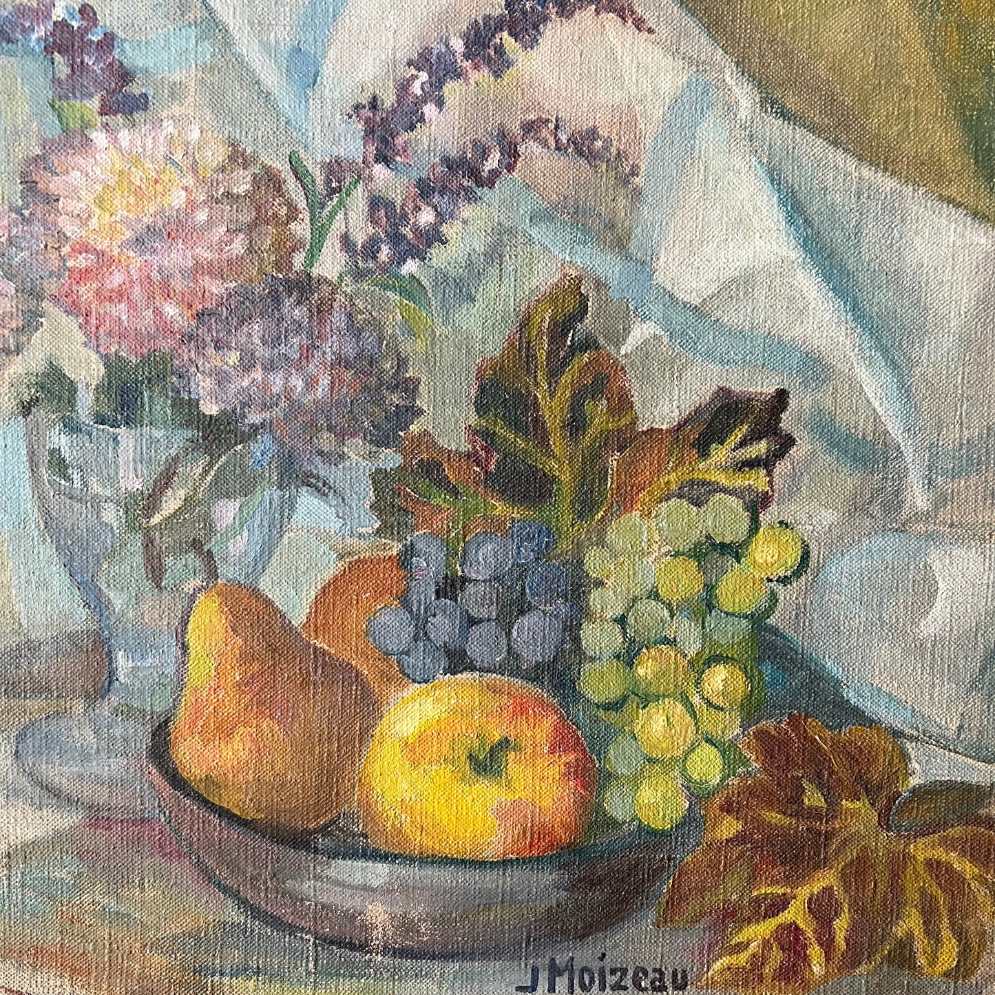 Vintage Oil Painting French Still Life of Florals and Fruit
