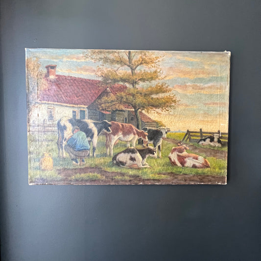 Antique Dutch Oil Painting Landscape Farmer and Cows