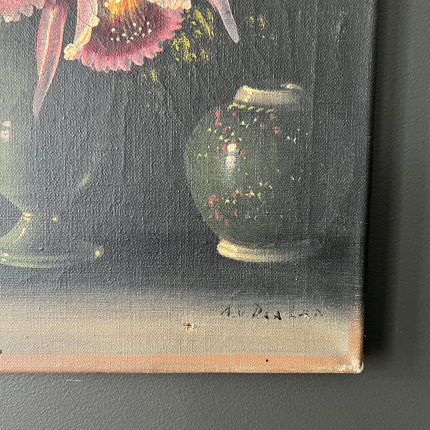 Vintage Oil Painting Still Life of Pink Orchid