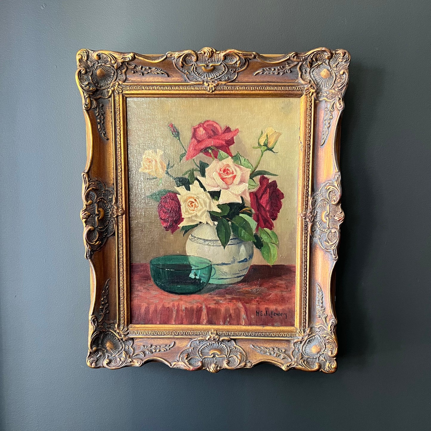 Vintage Dutch Oil Painting Still Life of Roses and Green Bowl