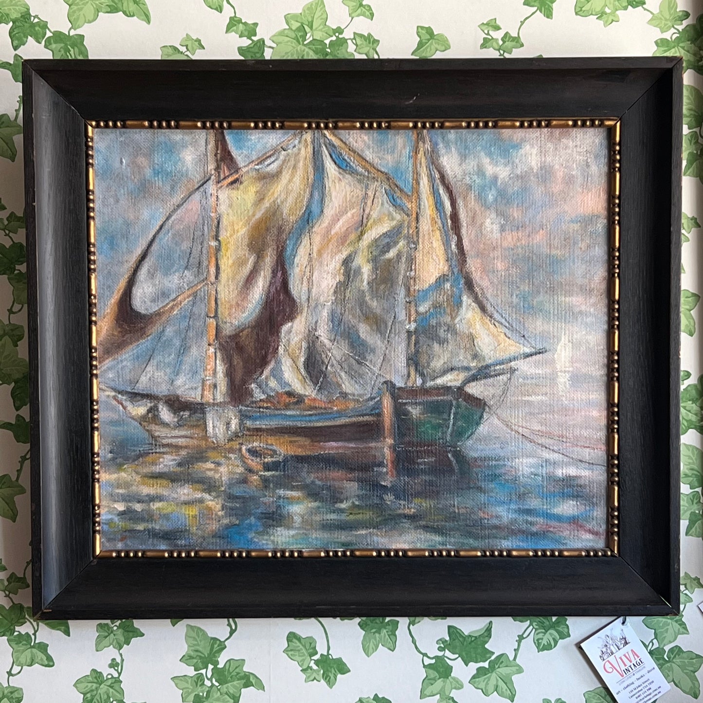 Vintage French Oil Painting The Moored Sailing Boat