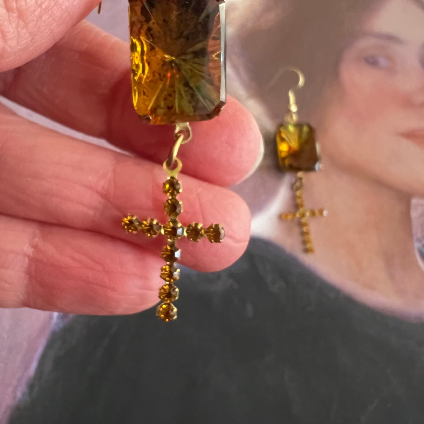 Golden Amber Crystal Cross Earrings