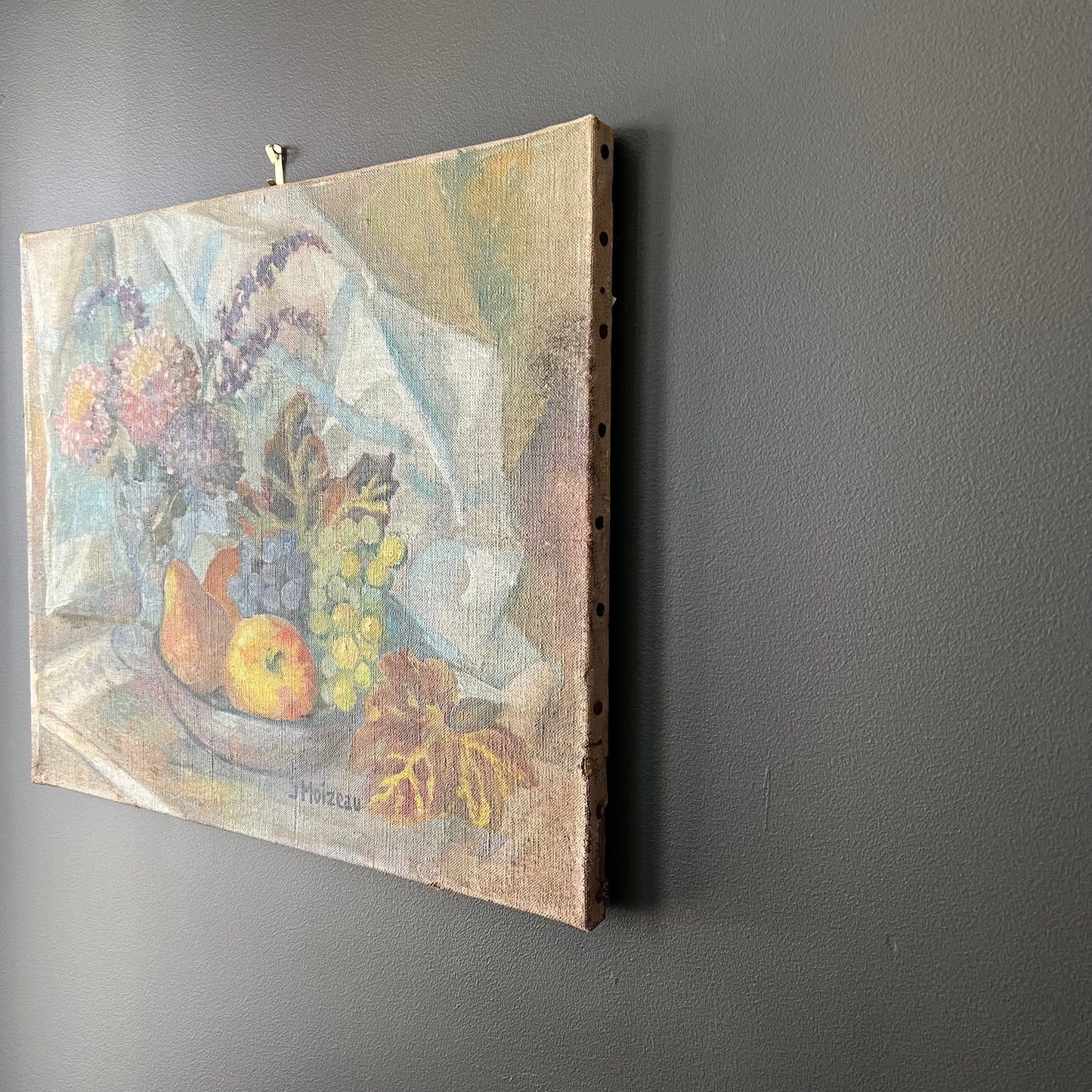 Vintage Oil Painting French Still Life of Florals and Fruit