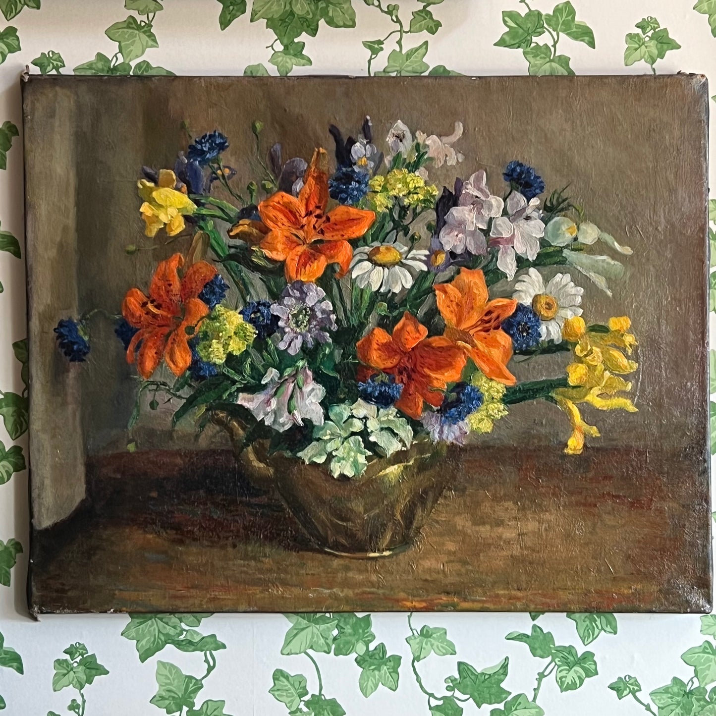 Vintage Oil Painting Still Life of Vibrant Blooms in Kettle