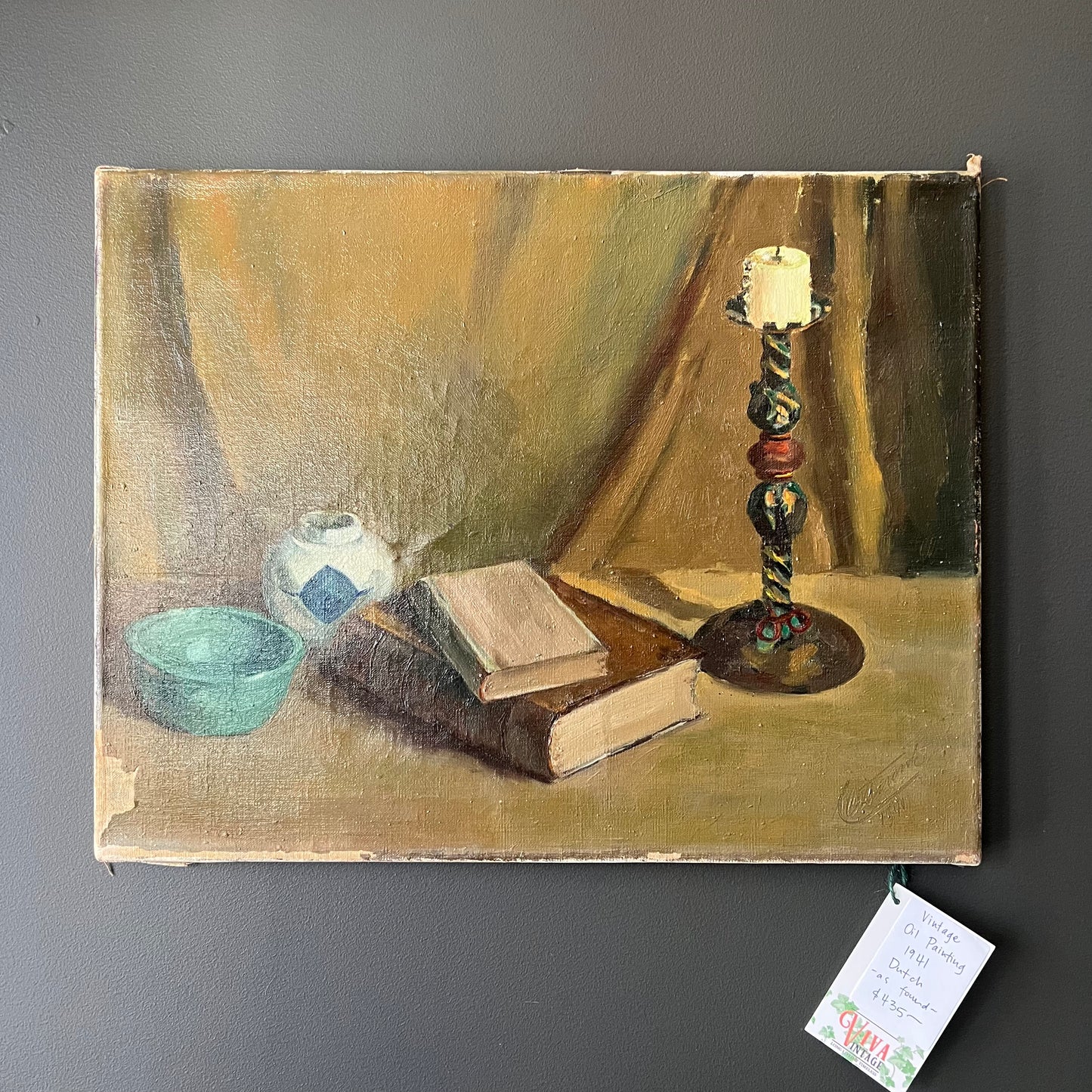 Vintage Dutch Oil Painting Still Life The Ornate Candlestick 1941