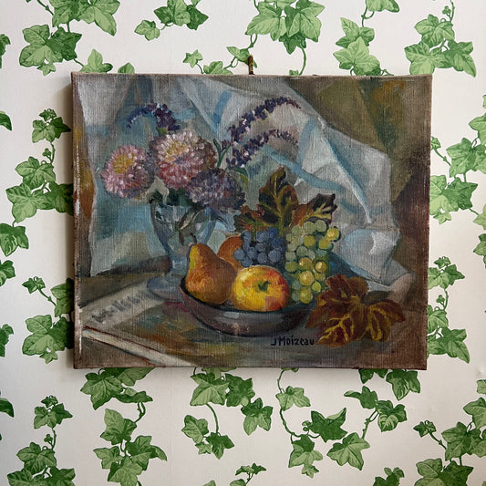 Vintage Oil Painting French Still Life of Florals and Fruit