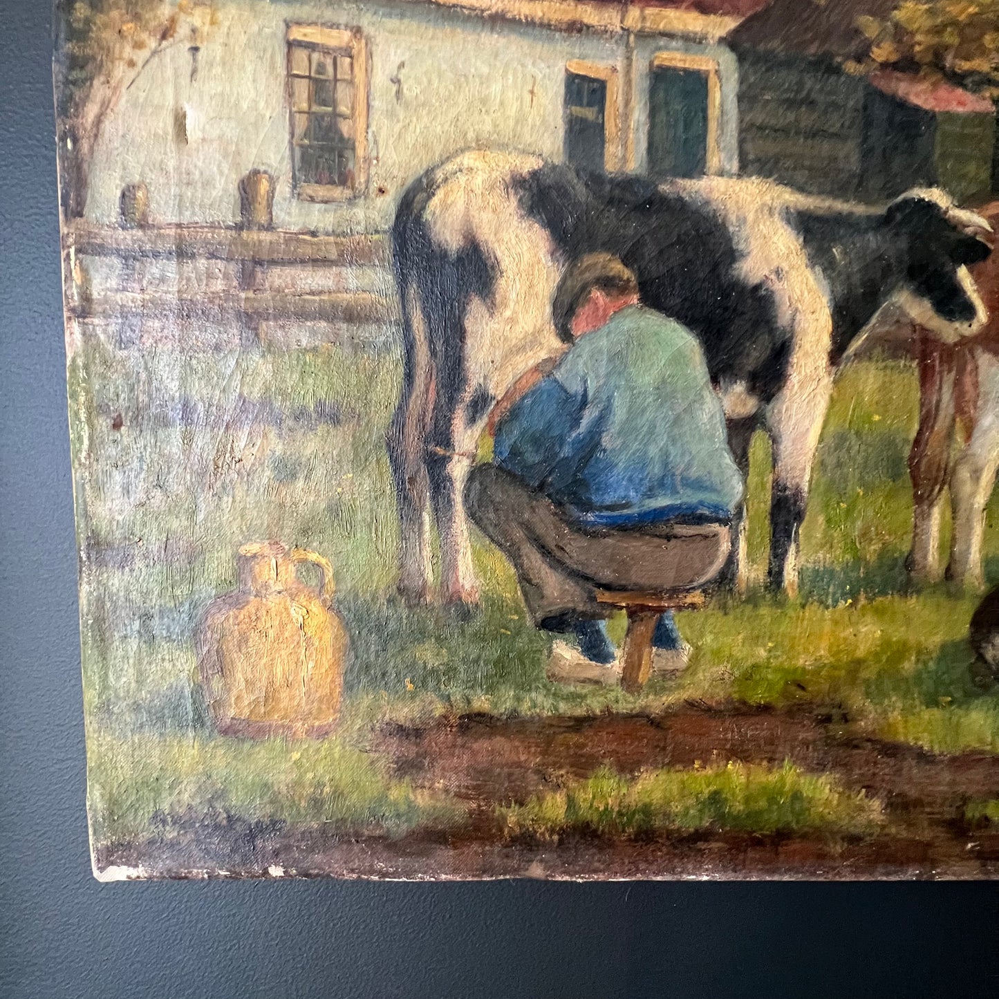 Antique Dutch Oil Painting Milking Time