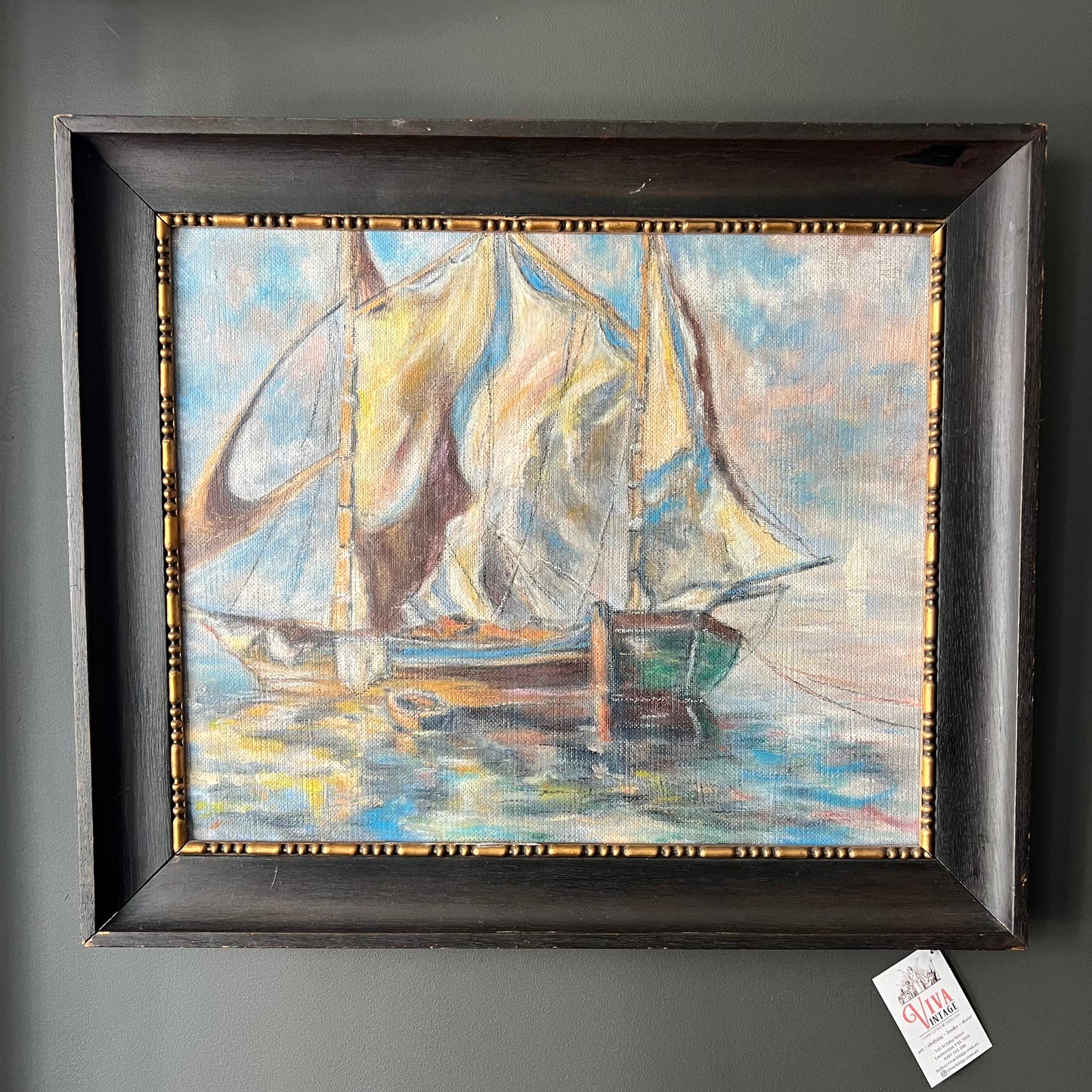 Vintage French Oil Painting The Moored Sailing Boat