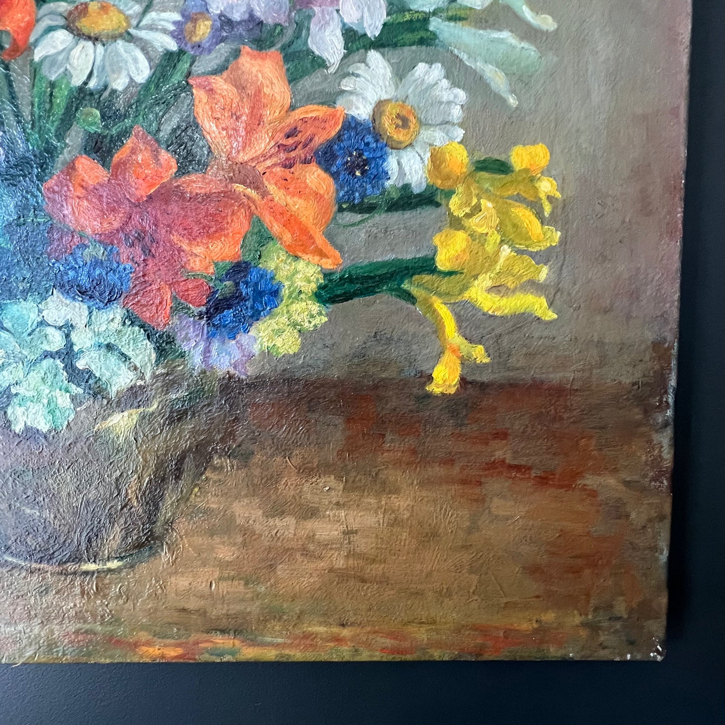 Vintage Oil Painting Still Life of Vibrant Blooms in Kettle