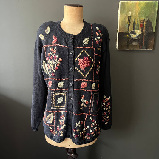Vintage Pretty Embroidered Cotton Cardigan M