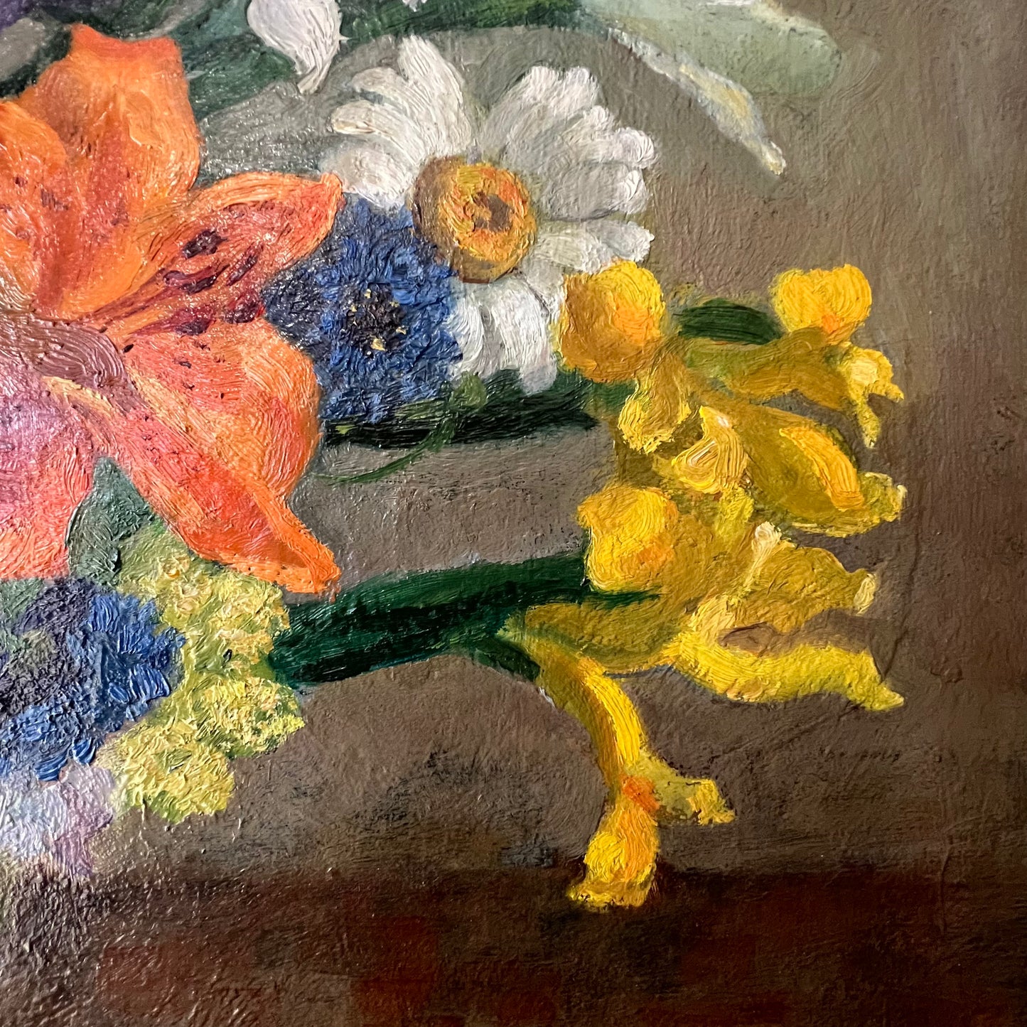 Vintage Oil Painting Still Life of Vibrant Blooms in Kettle