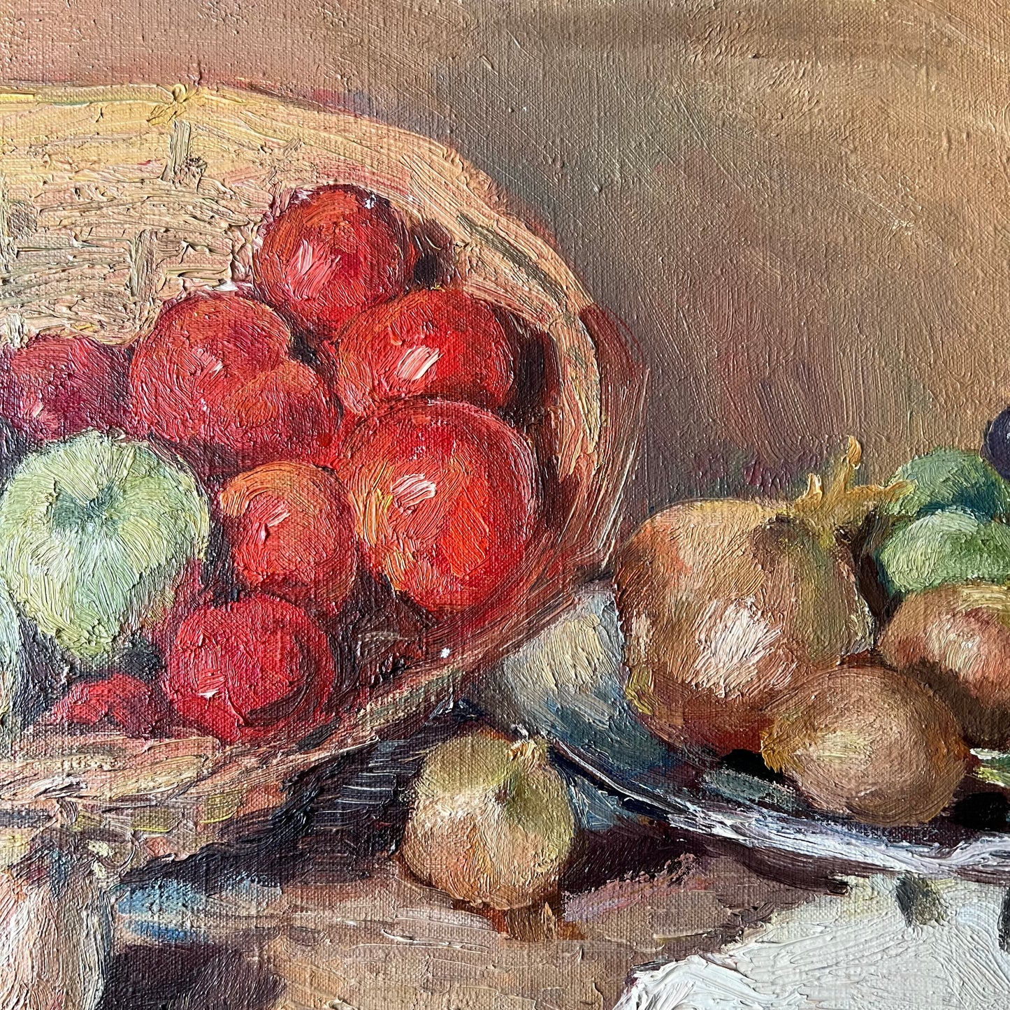 Vintage Oil Painting Still Life Tomatoes, Onions & Grapes