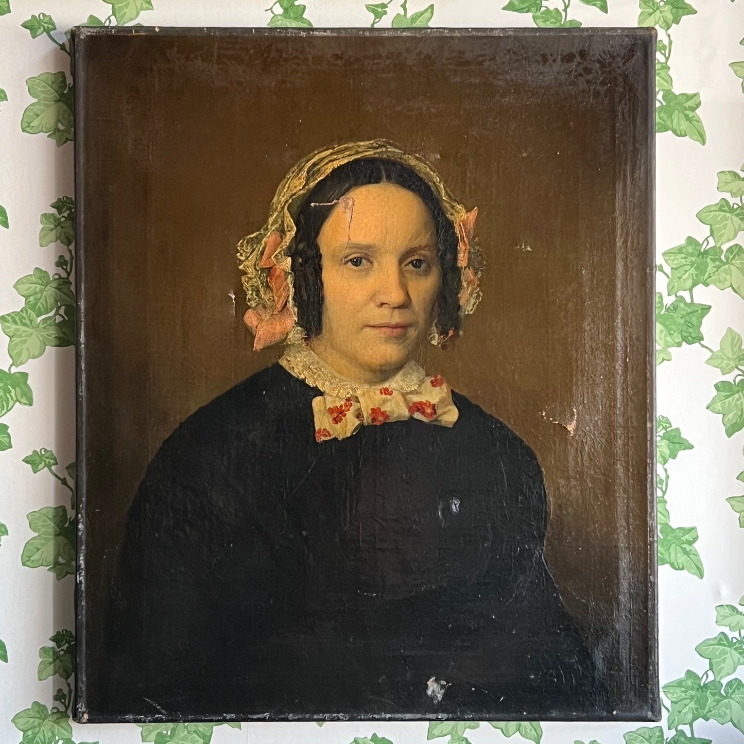 Antique Dutch Oil Painting Portrait Girl with Floral Necktie 1800s