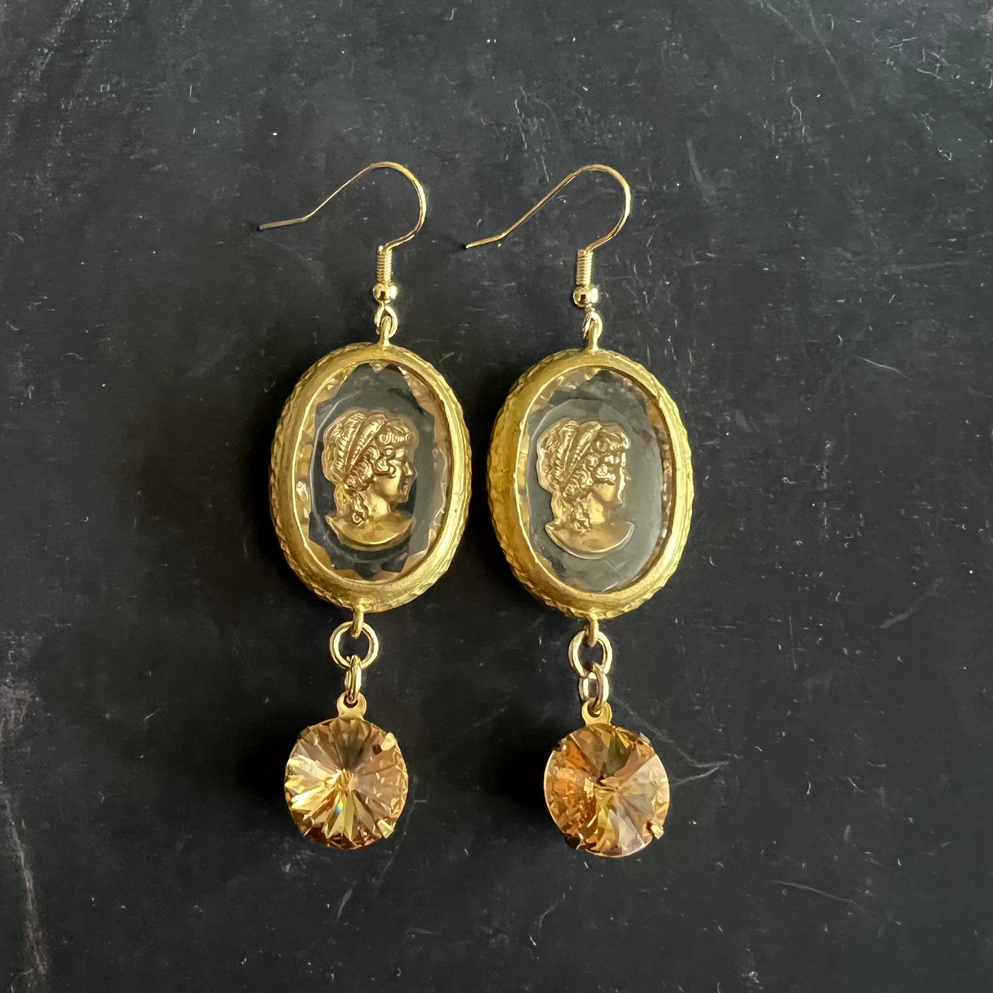 Vintage Golden Cameo & Crystal Earrings