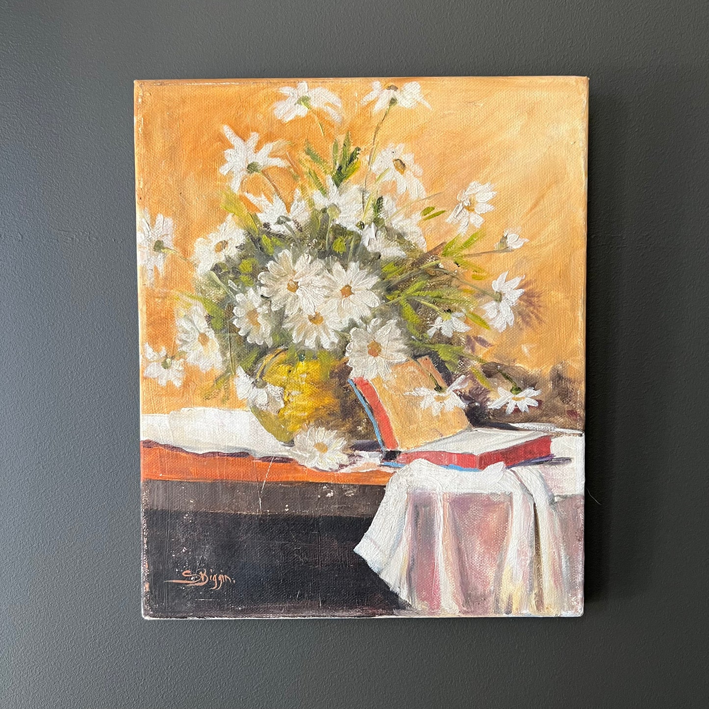 Vintage Oil Painting Still Life of Daisies and Book