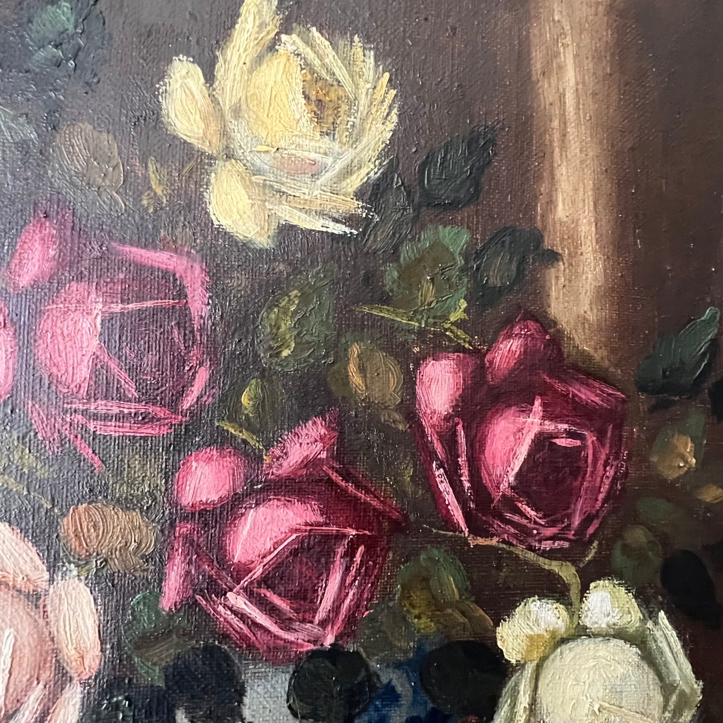 Vintage Oil Painting Still Life of Roses in Bowl