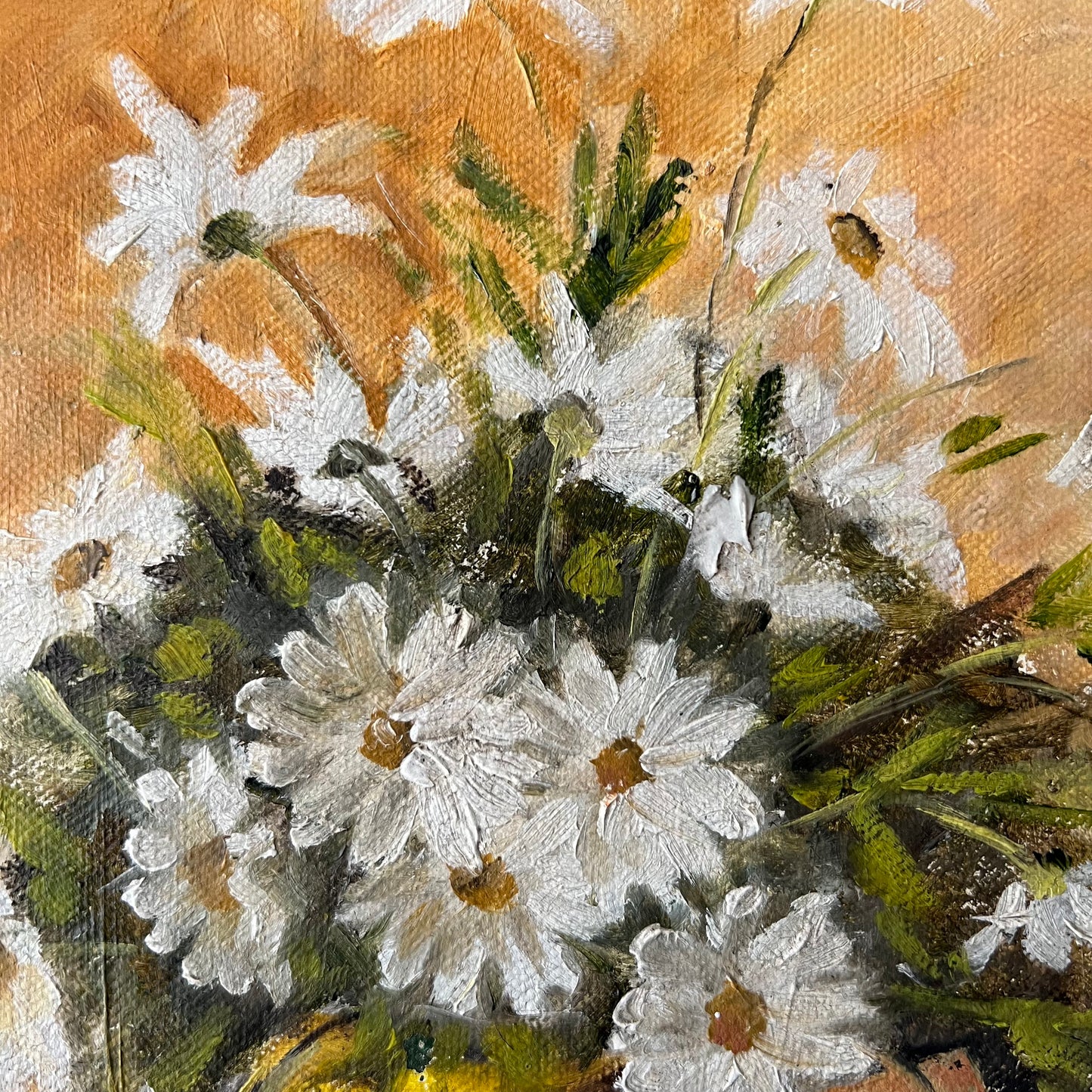 Vintage Oil Painting Still Life of Daisies and Book