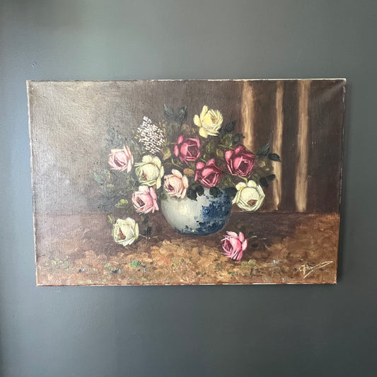 Vintage Oil Painting Still Life of Roses in Bowl