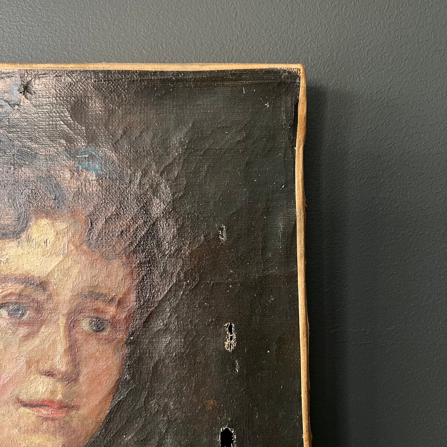 Antique French Oil Painting Portrait of Girl with Blue Bows 1800s