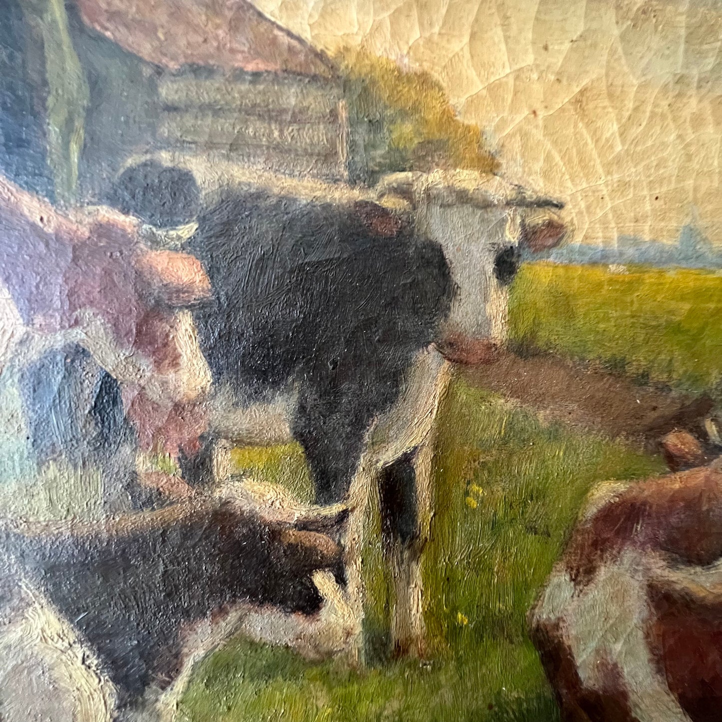 Antique Dutch Oil Painting Milking Time