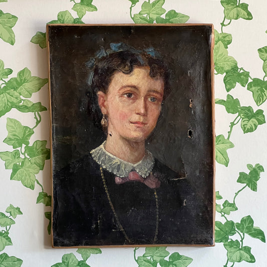 Antique French Oil Painting Portrait of Girl with Blue Bows 1800s