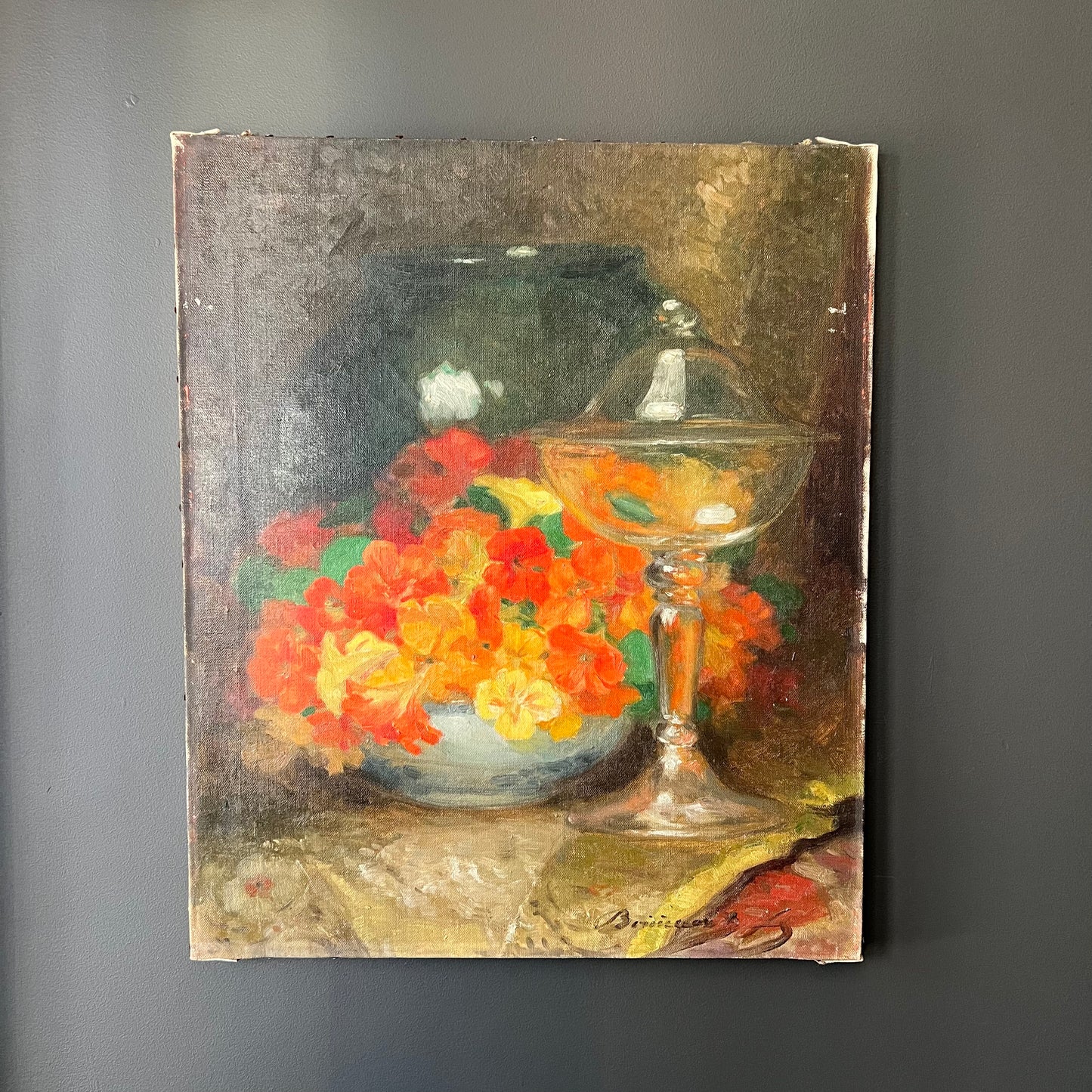 Vintage French Still Life Oil Painting Nasturtiums and Vessels