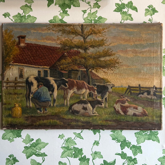 Antique Dutch Oil Painting Milking Time