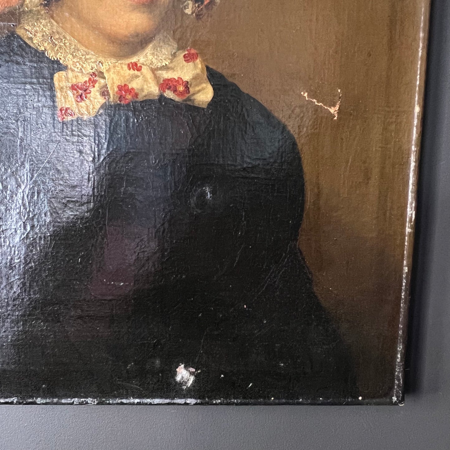 Antique Dutch Oil Painting Portrait Girl with Floral Necktie 1800s