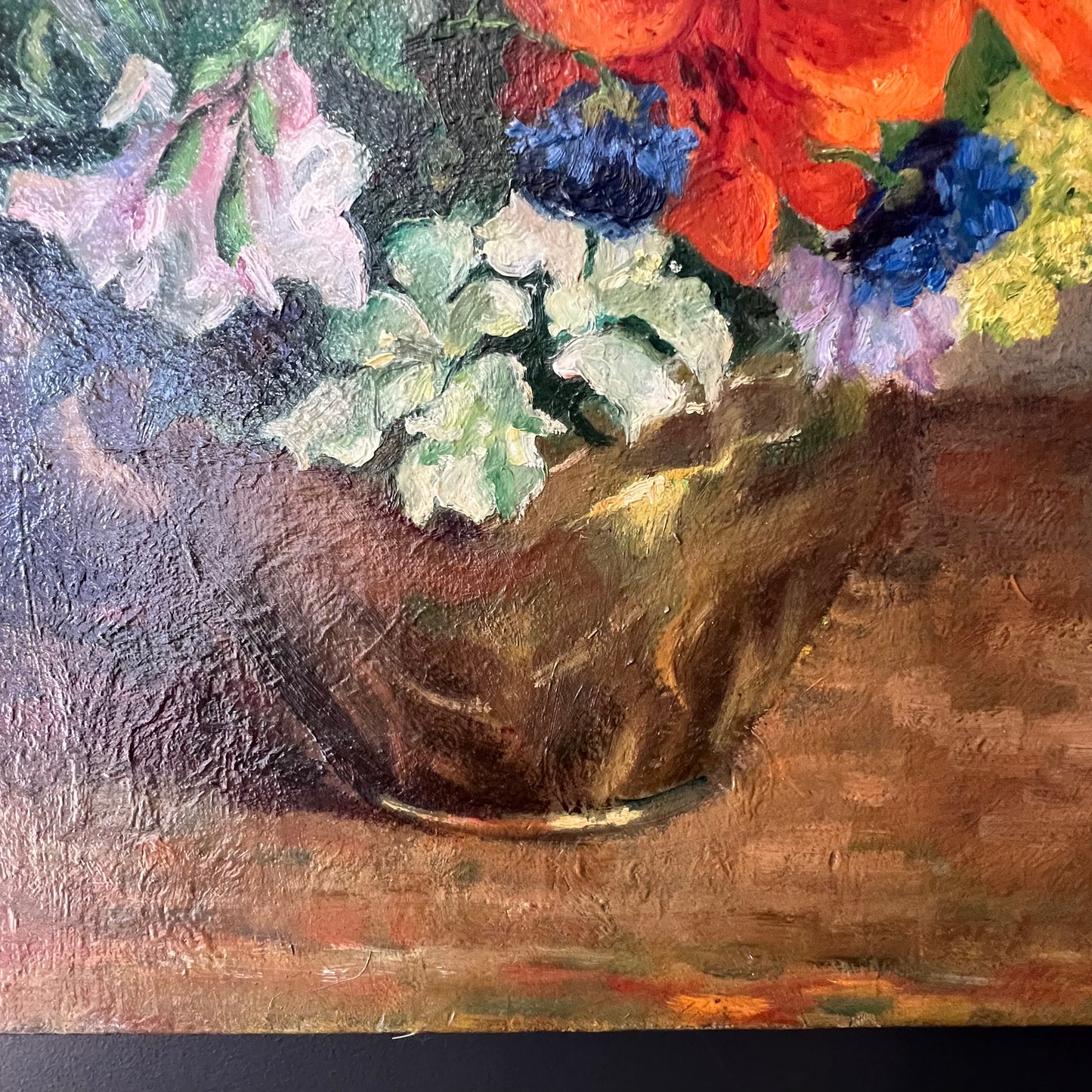 Vintage Oil Painting Still Life of Vibrant Blooms in Kettle