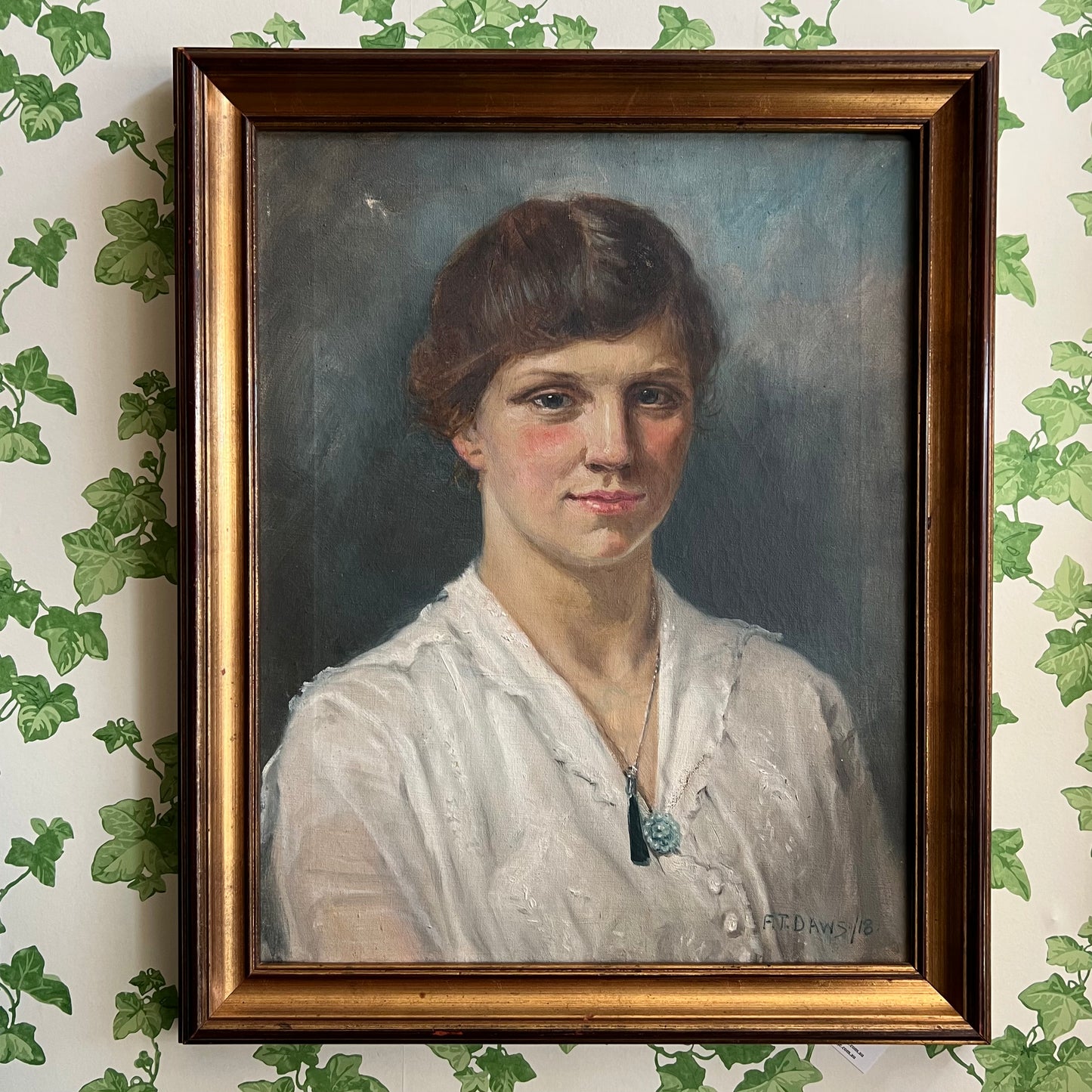 Antique Oil Painting Portrait English Girl with Necklace 1918 FT Daws