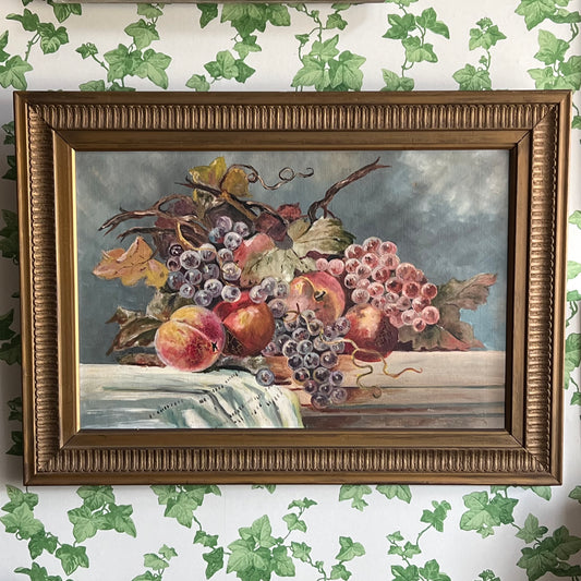 Antique Oil Painting Still Life of Grapes & Peaches