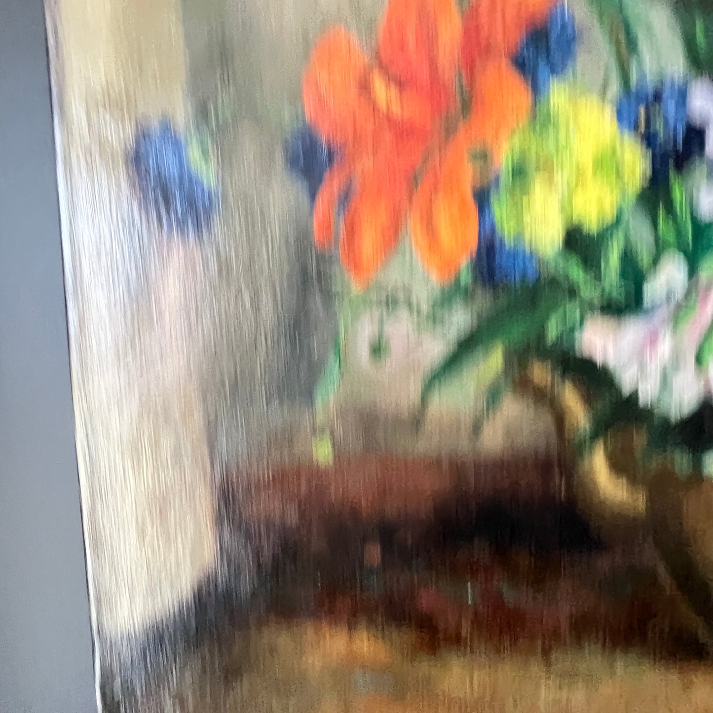 Vintage Oil Painting Still Life of Vibrant Blooms in Kettle