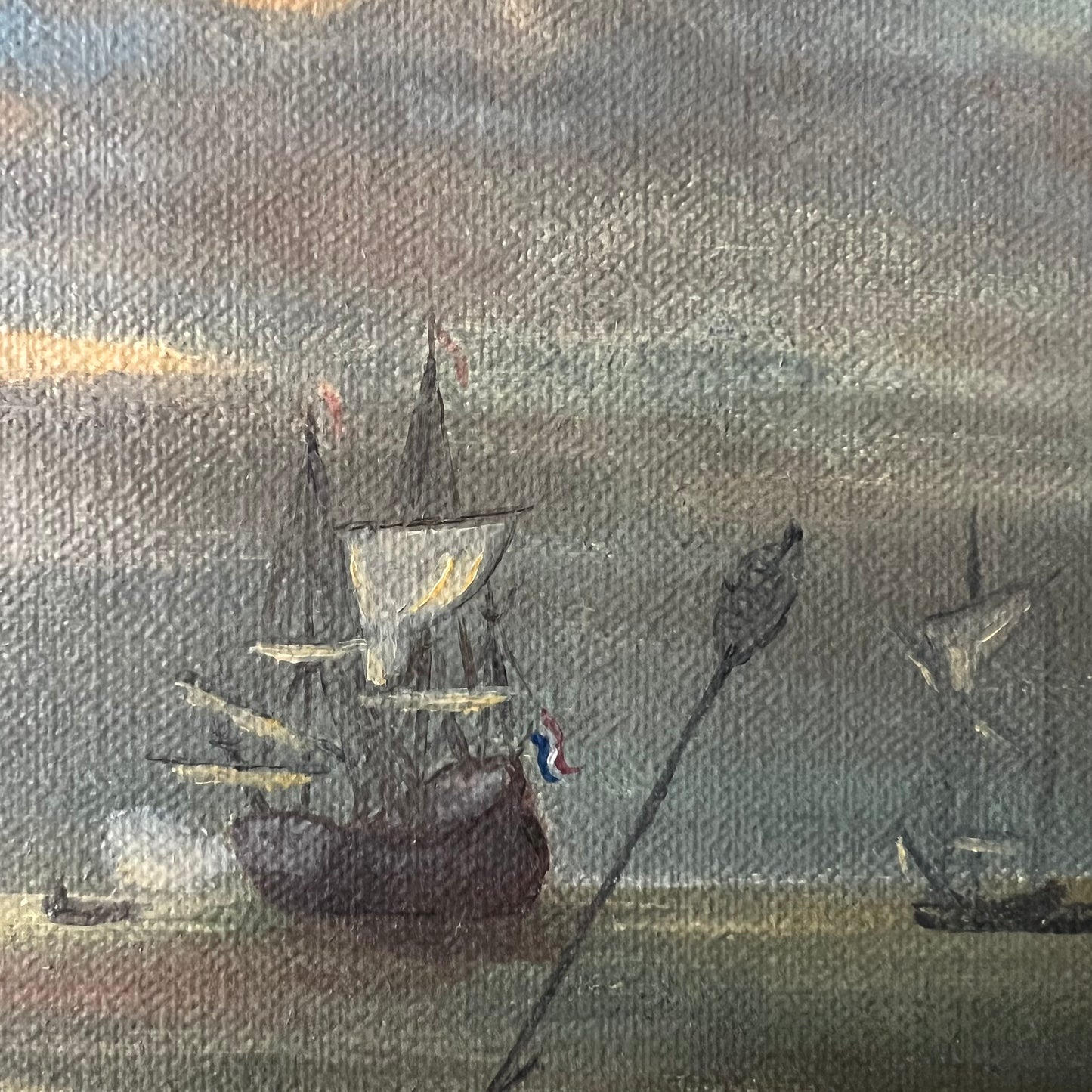 Vintage Dutch Oil Painting Boats at Sunset