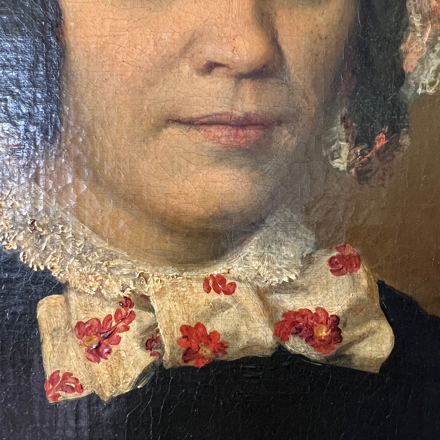 Antique Dutch Oil Painting Portrait Girl with Floral Necktie 1800s